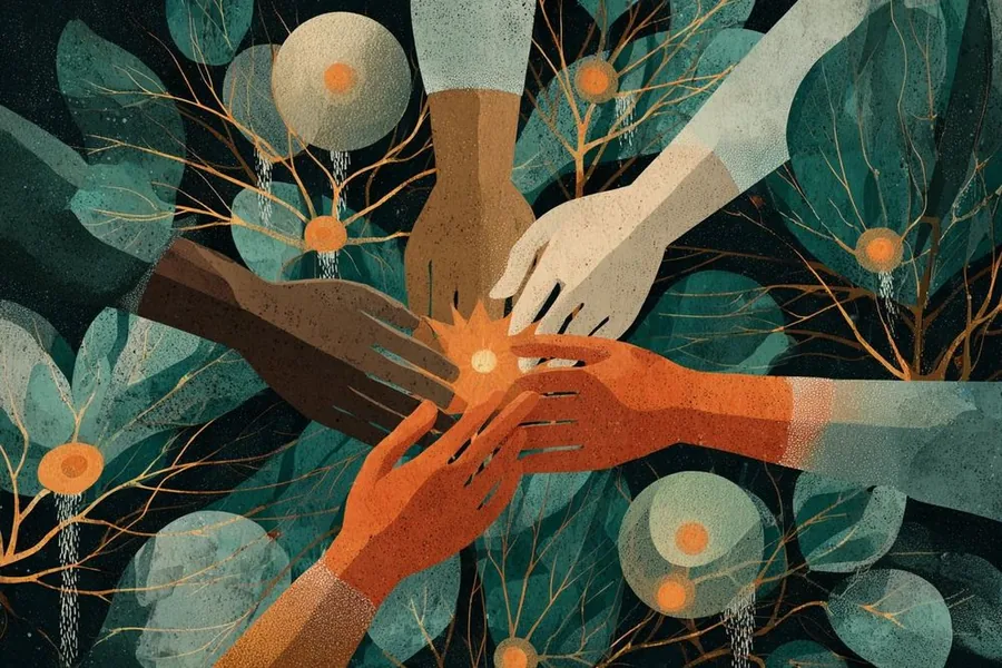 Illustration : des mains réunies au centre d'un réseau de neurones, une étoile orange au milieu.
