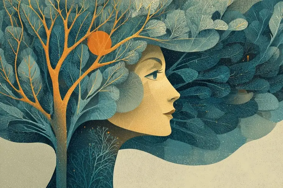 Illustration : un profil de femme dont les cheveux deviennent les feuilles d'un arbre, un soleil orange dans les branches.