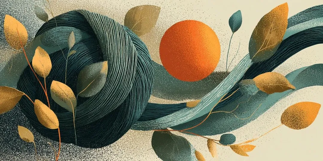 Un nœud de fil vert qui se dénoue et s'étire vers un soleil orange